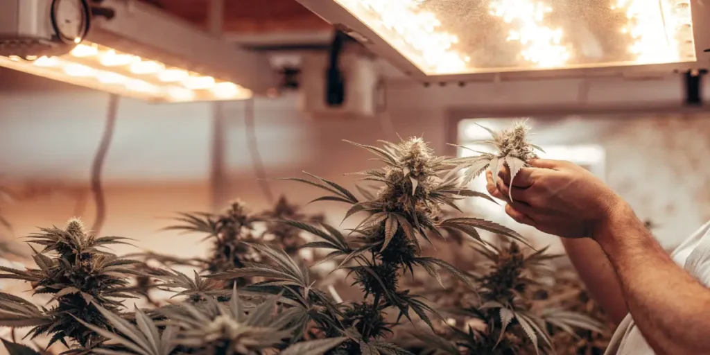 Hyper-realistic scene: hands trimming cannabis buds from a plant under warm indoor grow lights.