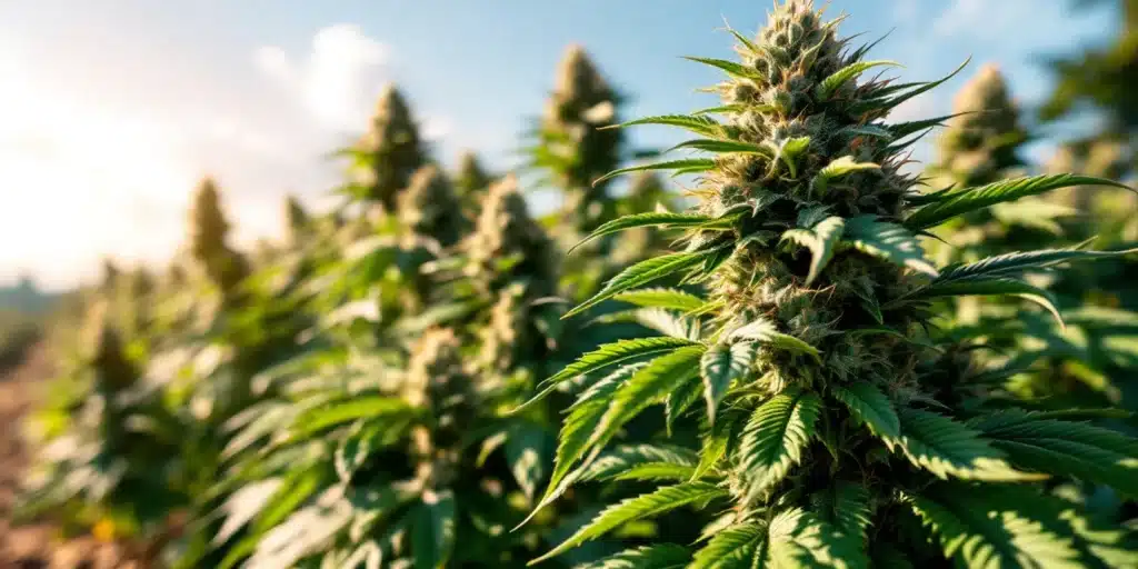 Well-organized outdoor cannabis garden with autoflower plants, showing ideal conditions for growing autoflowers outdoors.