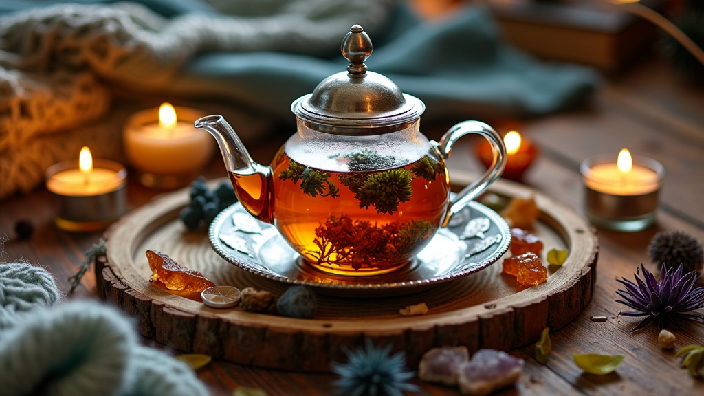 Herbal tea pot surrounded by candles, creating a peaceful atmosphere for enjoying shroom tea.