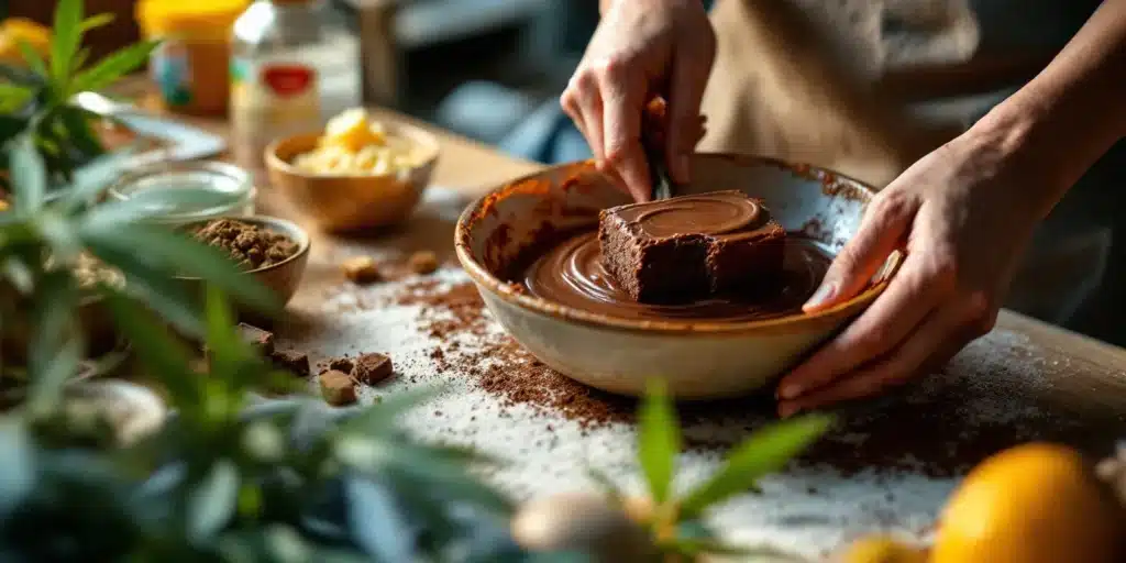 Person dipping a slice of canna banana bread into melted chocolate during preparation