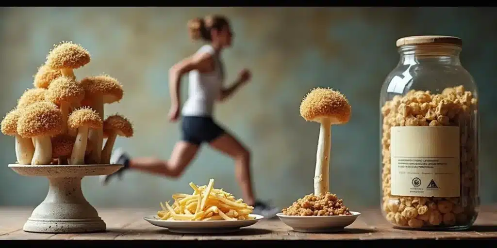 Fresh mushrooms and nutritional foods on a table with a woman running in the background, symbolizing how long shrooms take to kick in.