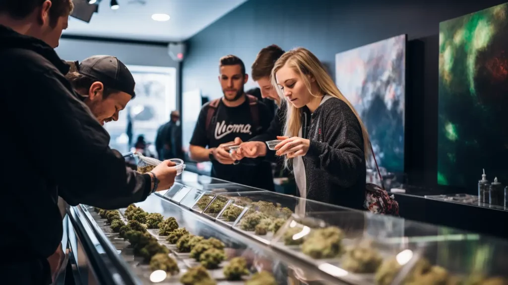 Customers examining the best THCA flower options in a dispensary, with various strains displayed in glass cases