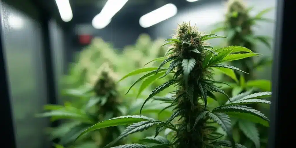 Autoflower cannabis plant in an indoor grow room starting to flower under LED lights, showcasing initial bud development.
