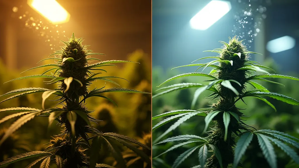 Indoor cannabis plant under two different lighting conditions, highlighting the role of humidity control and lighting in how to moisturize weed for ideal growth.