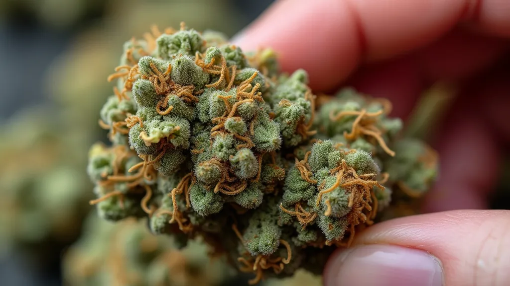 Hand examining a close-up of dense, dry cannabis bud with orange pistils, emphasizing the need for moisture restoration in how to moisturize weed.
