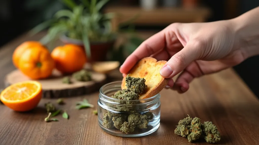 Orange slices and bread slice used as natural rehydration tools in a jar with dry cannabis buds, showing creative methods for how to moisturize weed effectively.