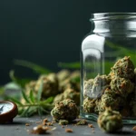 Glass jar filled with dry cannabis buds, with a humidity gauge nearby, illustrating techniques for how to moisturize weed and maintain optimal freshness.