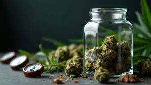 Glass jar filled with dry cannabis buds, with a humidity gauge nearby, illustrating techniques for how to moisturize weed and maintain optimal freshness.