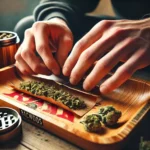 How to Roll a Backwood Blunt: Hands preparing a blunt on a wooden tray with cannabis buds and a rolling paper, ready for assembly.
