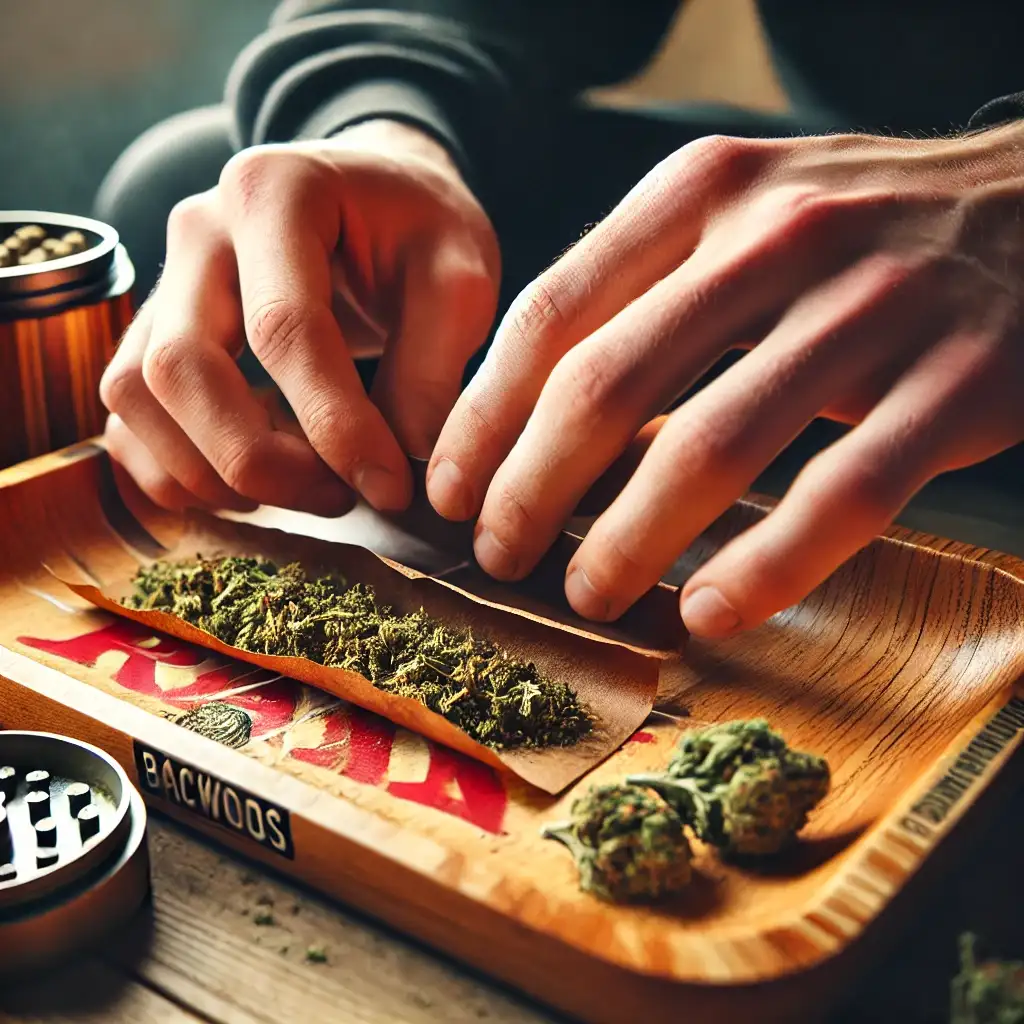 How to Roll a Backwood Blunt: Hands preparing a blunt on a wooden tray with cannabis buds and a rolling paper, ready for assembly.