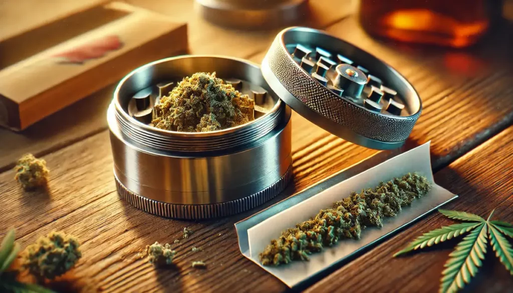 How to Roll a Backwood Blunt: Grinder filled with cannabis next to an open rolling paper, showcasing the process of preparing a blunt.