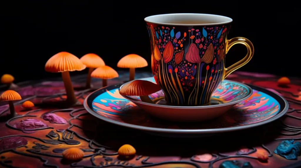 Teacup adorned with mushroom designs, surrounded by small mushrooms, capturing the essence of psychedelic mushroom tea preparation.