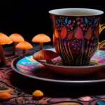 Teacup adorned with mushroom designs, surrounded by small mushrooms, capturing the essence of psychedelic mushroom tea preparation.