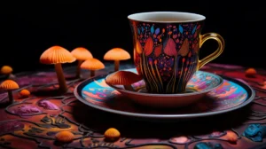 Teacup adorned with mushroom designs, surrounded by small mushrooms, capturing the essence of psychedelic mushroom tea preparation.