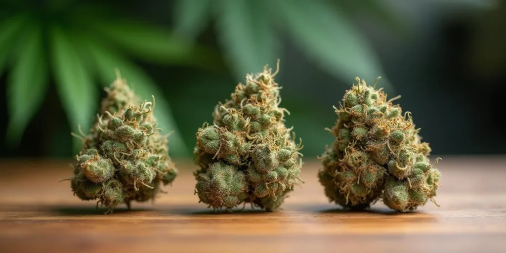 Close-up of Indica, Sativa, and Hybrid cannabis buds showcasing the most popular weed strains.
