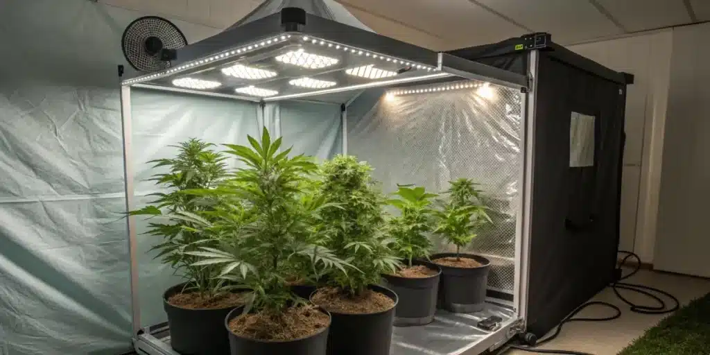 Indoor cannabis cultivation tent with LED lighting and healthy potted cannabis plants.