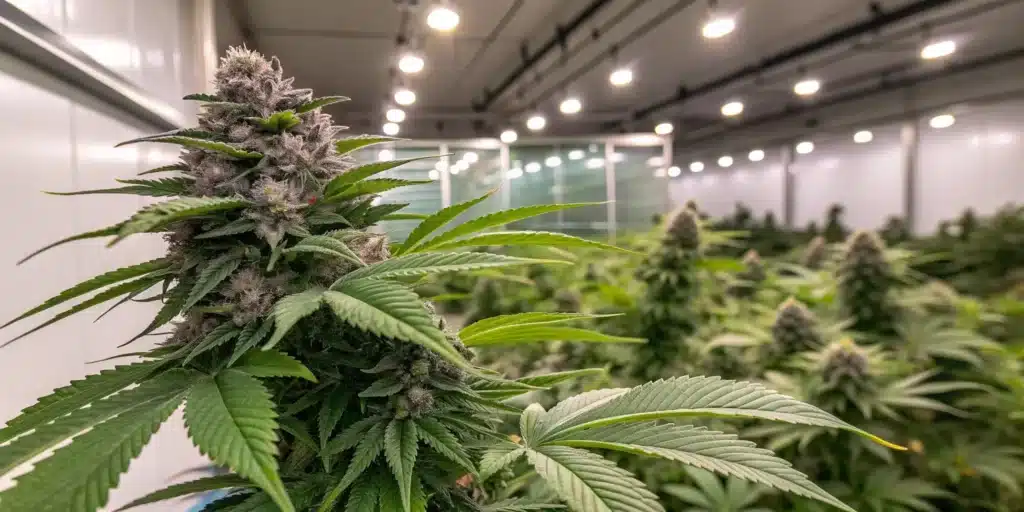 Indoor cannabis grow room with tall, healthy plants and LED lights.