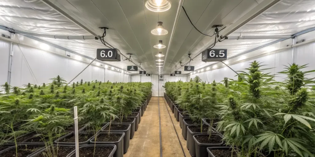 Indoor cannabis grow room with multiple plants in black pots and signs indicating pH levels of 6.0 and 6.5.