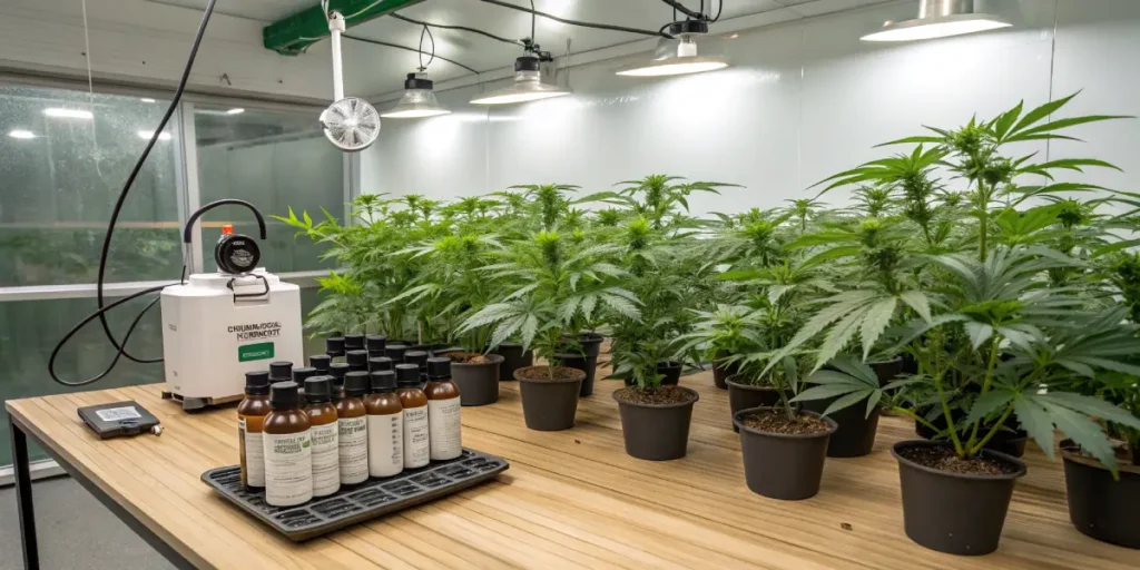 Indoor cannabis cultivation room with potted plants, bottles of solutions, and laboratory equipment on a table under bright lights.