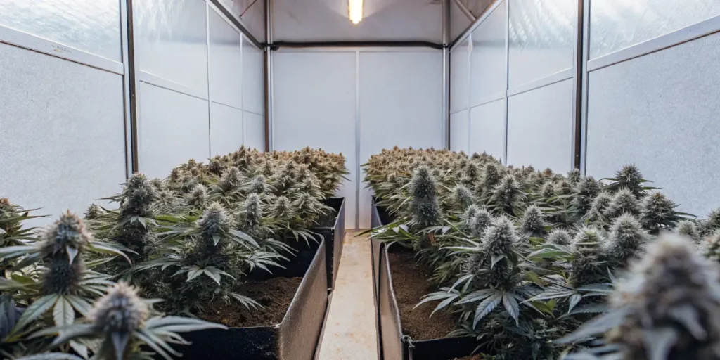 Hyper-realistic digital artwork of an advanced indoor cannabis grow room with rows of dense, frosty plants and a central aisle under bright overhead light.