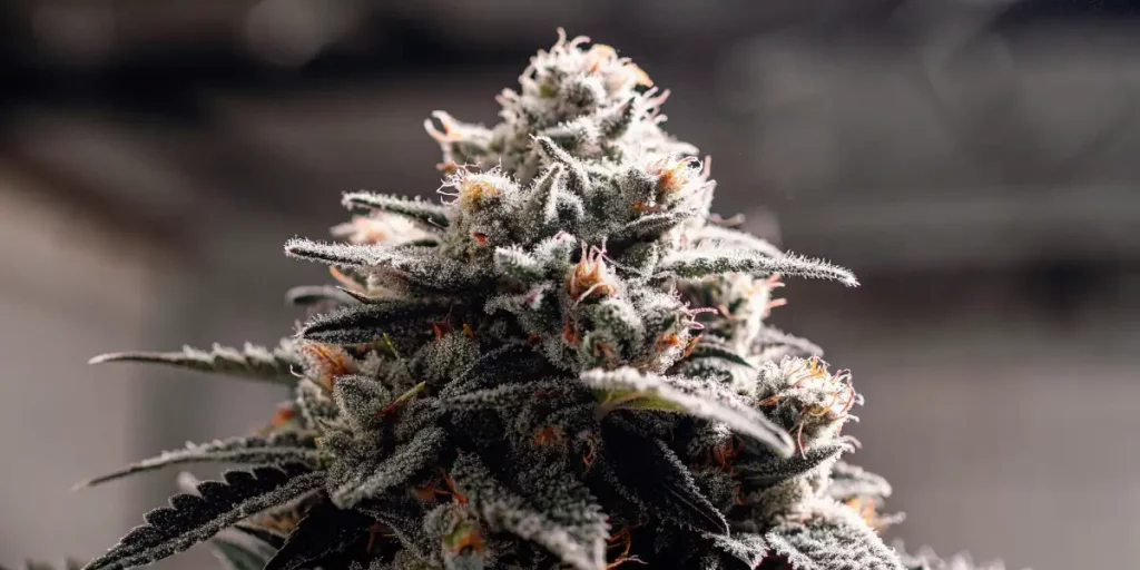 Frosted cannabis bud growing indoors under artificial lighting, surrounded by dark green leaves.