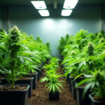 A room with multiple cannabis plants in various stages of growth under LED grow lights.