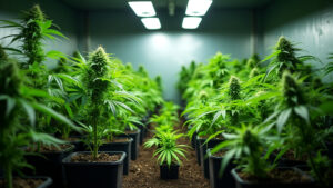 A room with multiple cannabis plants in various stages of growth under LED grow lights.