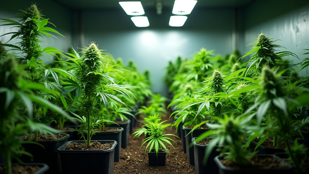 A room with multiple cannabis plants in various stages of growth under LED grow lights.