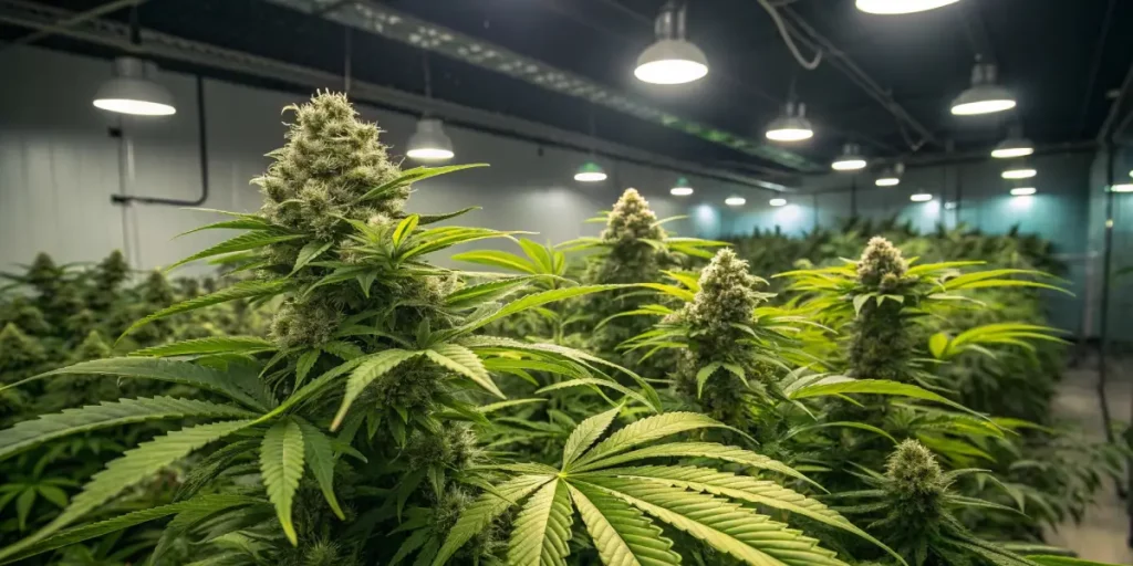 Dense green cannabis plants in full flowering phase under artificial indoor lighting