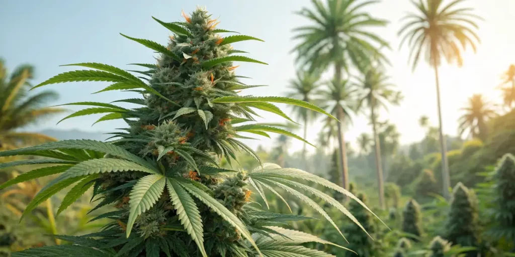 Close-up of a cannabis plant in a tropical outdoor setting with sunlight and palm trees in the background.