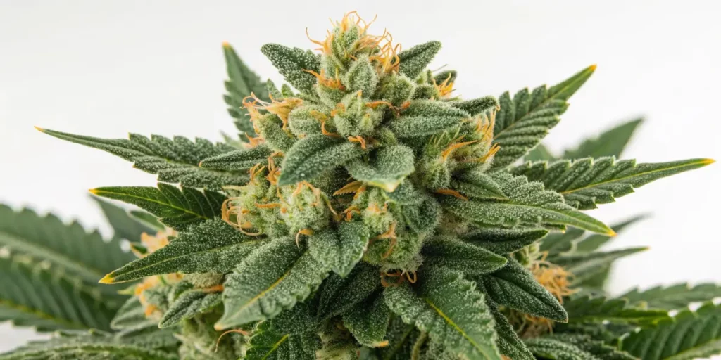 Dense Lamb's Bread cannabis bud with orange hairs and frosty trichomes against a white background.