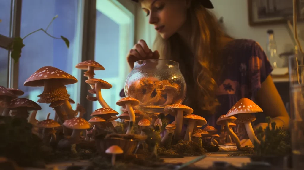 Woman sitting among various mushrooms on a table, illustrating the natural elements involved in preparing psychedelic mushroom tea.
