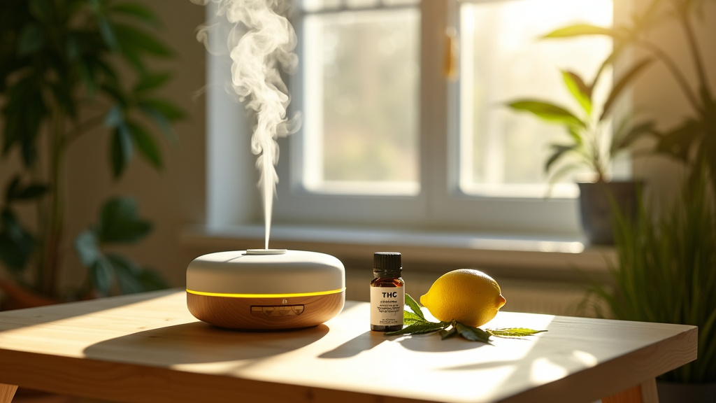 A modern aromatherapy diffuser with a bottle labeled THC and a fresh lemon, symbolizing the combination of lemon terpenes and cannabis.