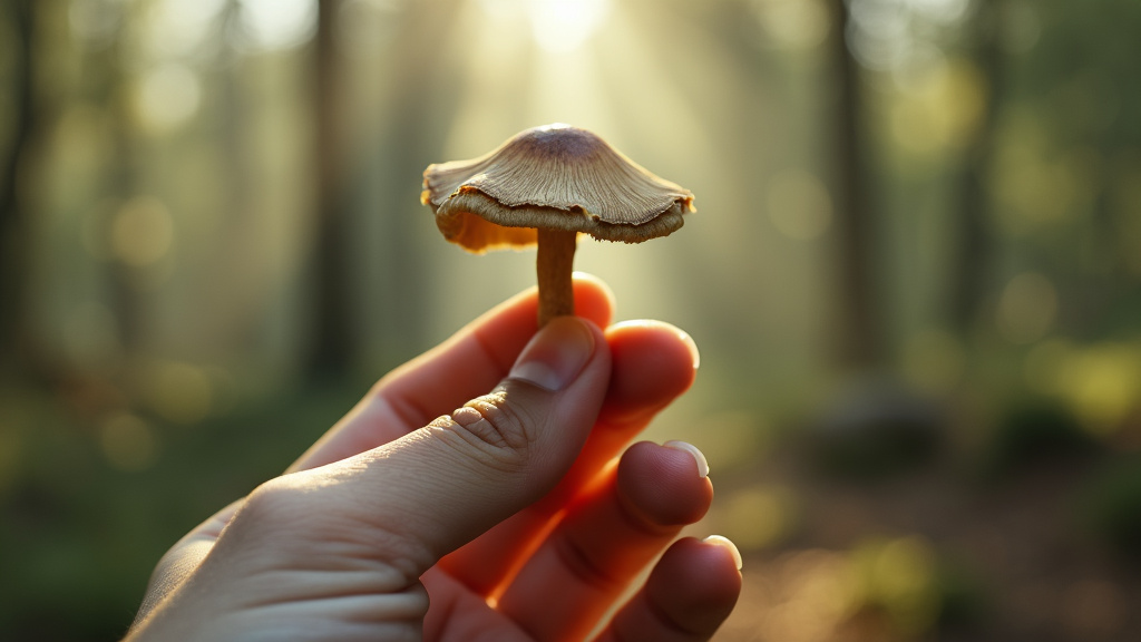 Mano sosteniendo una seta en un bosque, ideal como ingrediente de un té casero de setas.