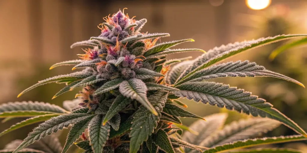 Close-up of marijuana buds with purple hues and frosty trichomes under soft indoor lighting.