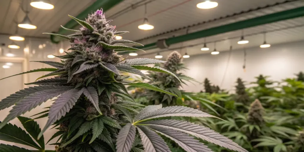 Close-up of a marijuana plant with purple buds in a well-lit indoor grow room.
