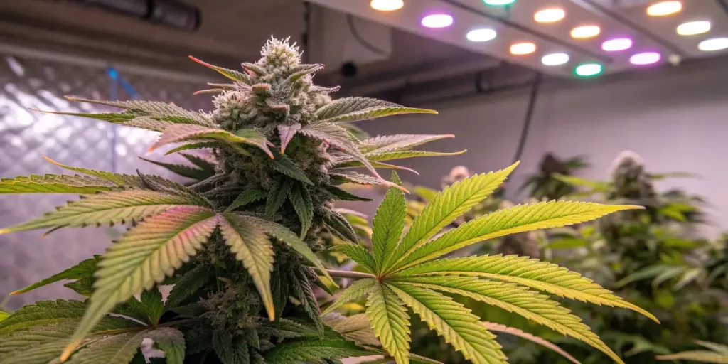 Close-up of a marijuana plant with purple buds under colorful LED grow lights in an indoor setting.