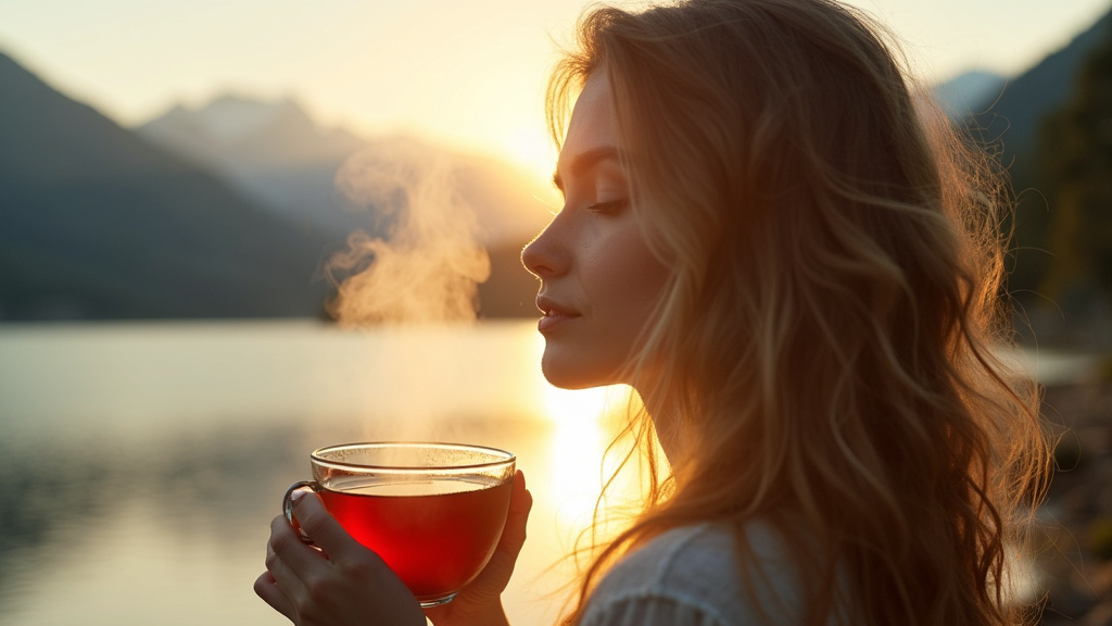 Woman enjoying a cup of tea by the lake, representing a mindful approach to drinking shroom tea.