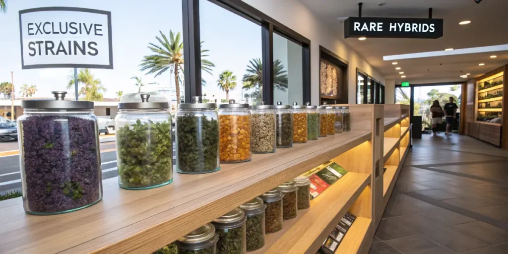 Hyper-realistic scene of a modern cannabis dispensary interior with glass jars of various cannabis strains on wooden shelves, "EXCLUSIVE STRAINS" and "RARE HYBRIDS" signs, and large windows.