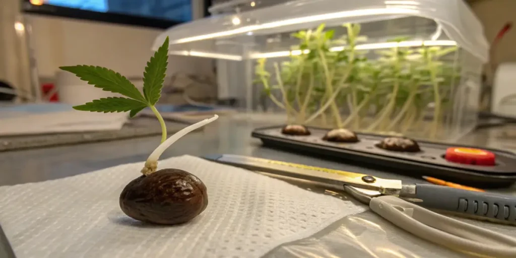Hyper-realistic close-up of a cannabis sprout with small leaves and a white root, on a paper towel, near a propagation tray.