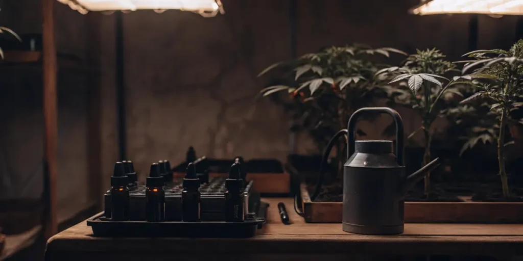 Indoor cannabis grow setup with a watering can and dropper bottles on a table, with plants in dim light.