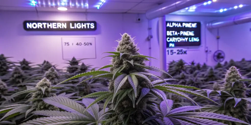 Cannabis plants under lights with "NORTHERN LIGHTS" and terpene information signs displayed.