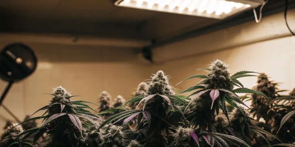 Rows of cannabis plants under purple grow lights, with "NORTHERN LIGHTS" and terpene information signs.