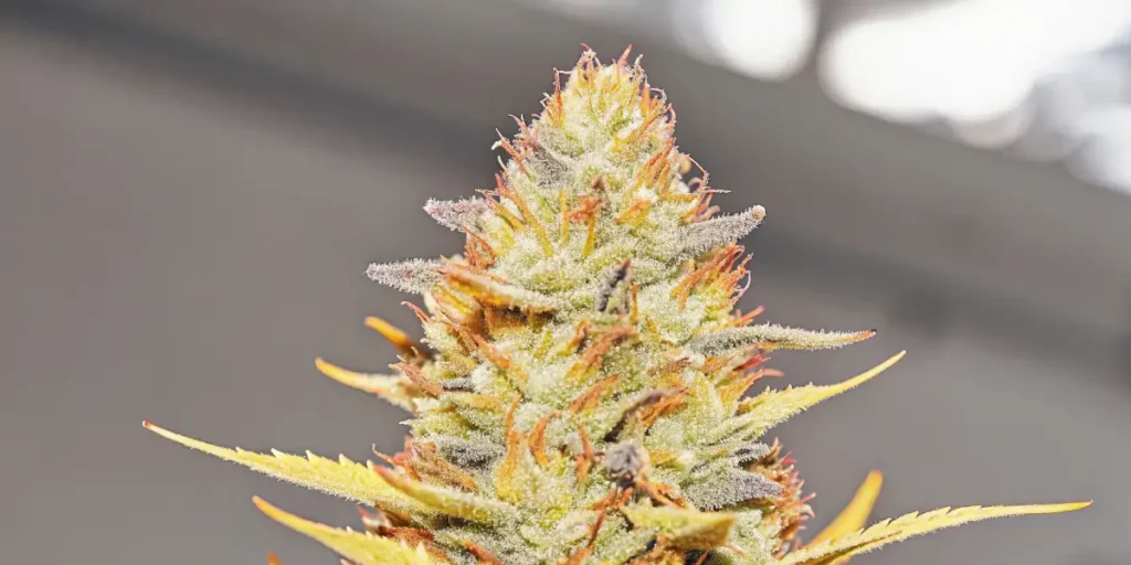 Cannabis bud with bright orange pistils and a resinous coating, captured in soft lighting.
