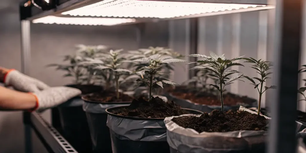 Hyper-realistic scene: gloved hands tending to organized rows of young cannabis plants in black pots, under bright grow lights on a shelf.