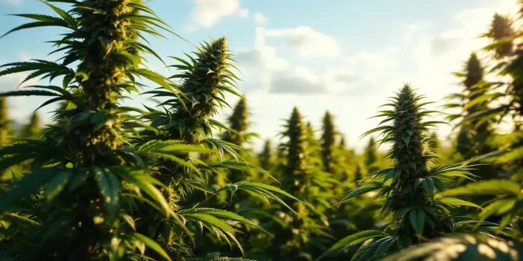 Outdoor garden with neatly arranged cannabis plants, illustrating the process of growing autoflowers outdoors.