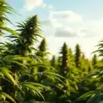 Outdoor garden with neatly arranged cannabis plants, illustrating the process of growing autoflowers outdoors.