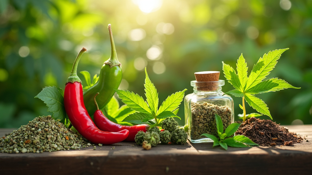 Fresh peppers, cannabis leaves, and ground spices on a wooden table, illustrating natural sources of pepper terpene in nature.