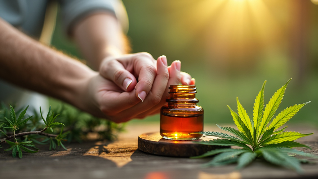 Person holding a small bottle of essential oil on a wooden table with cannabis leaves, illustrating the use of pine terpene for wellness.