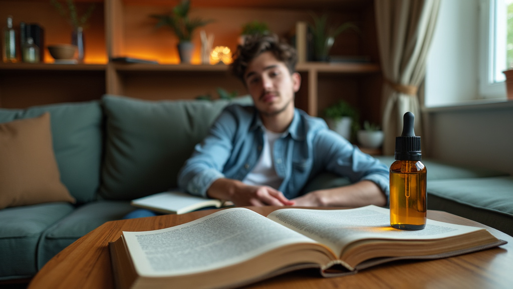 Bottle of essential oil on an open book with a person in the background, symbolizing the role of pine terpene in enhancing cognitive clarity.